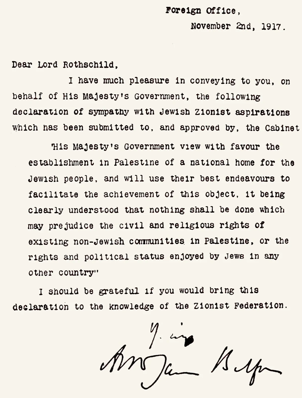 The typed Balfour Declaration letter, signed by Arthur Balfour